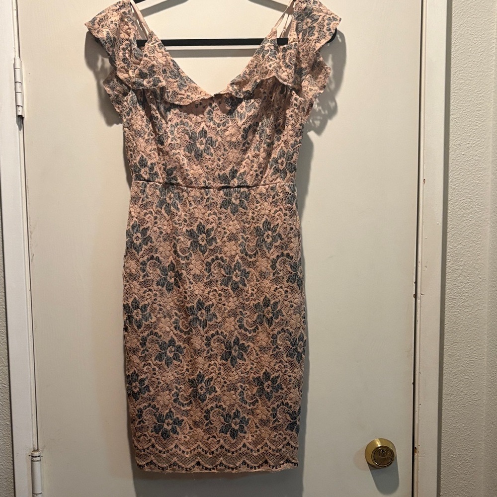 ASTR Blush Pink Lace Midi Dress with Gray Floral Overlay